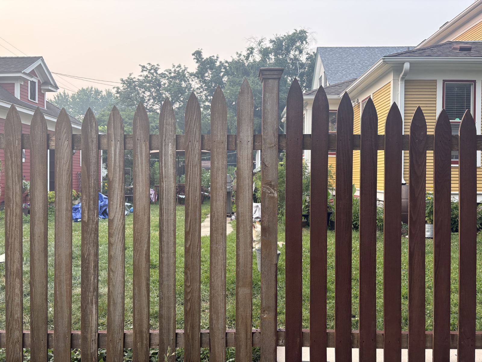 A picket fence caught mid-job: the pickets left of the centre post are weathered grey-brown, the pickets to the right are finished in a deep red-brown stain